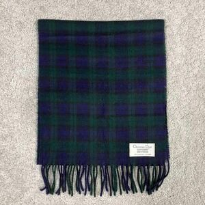 Christian Dior Cashmaire Scarf Blue Green Plaid Acrylic Made in England RN 15200